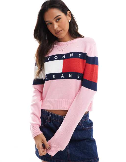 Tommy Jeans Colour blocked flag relaxed jumper in pink ASOS