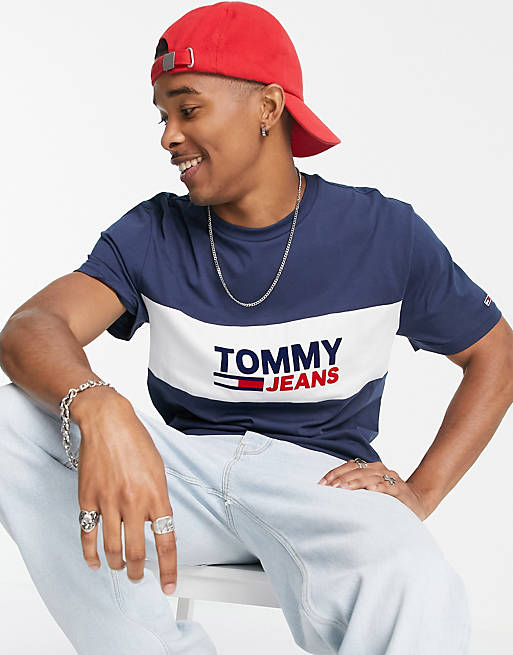 Tommy Jeans colourblock chest panel logo t-shirt in navy