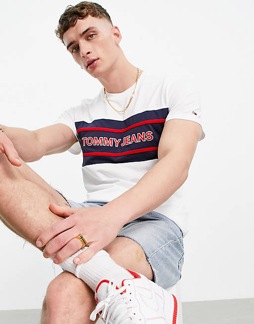 Tommy Jeans colourblock chest stripe logo t-shirt in white