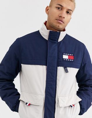 Tommy Jeans colourblock flag logo jacket in navy/white | ASOS