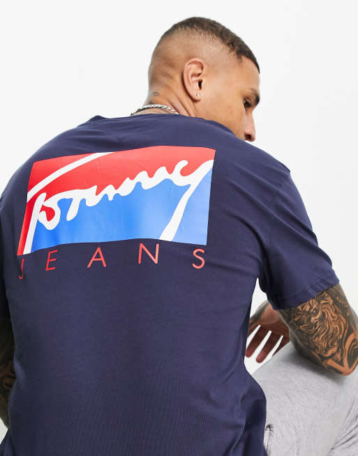 Tommy Jeans colourblock script logo front and back print t-shirt in navy