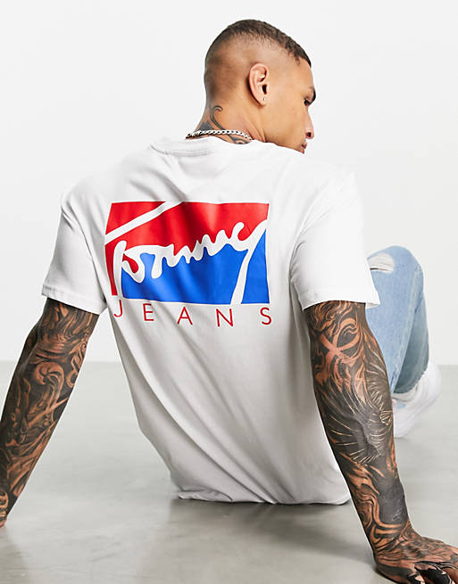 Tommy Jeans colourblock script logo front and back print t-shirt in white