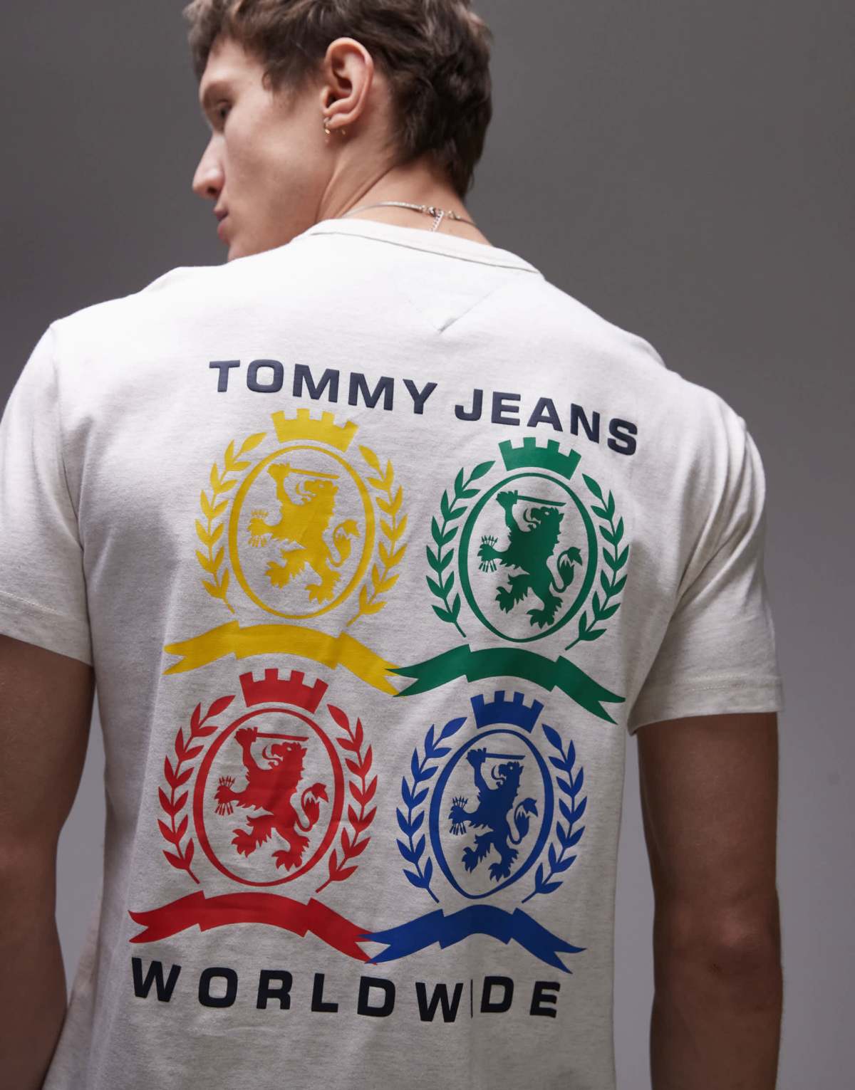 Tommy Jeans colourful crest logo t-shirt with backprint graphic in off white