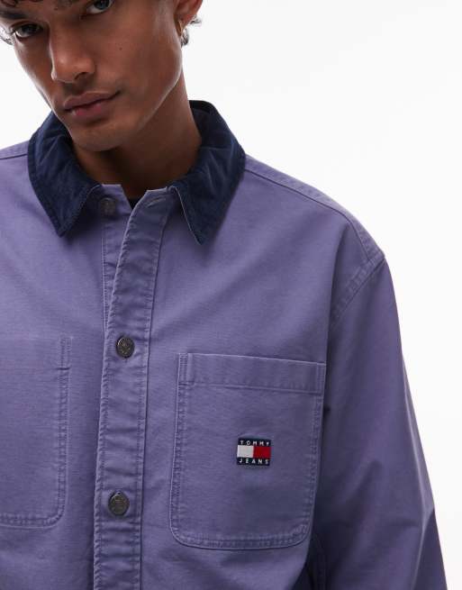 Tommy Jeans contrast cord collar overshirt in blue, 4 of 4