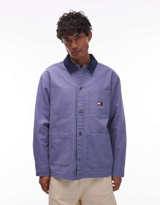 Tommy Jeans contrast corduroy collar overshirt in blue, 3 of 4