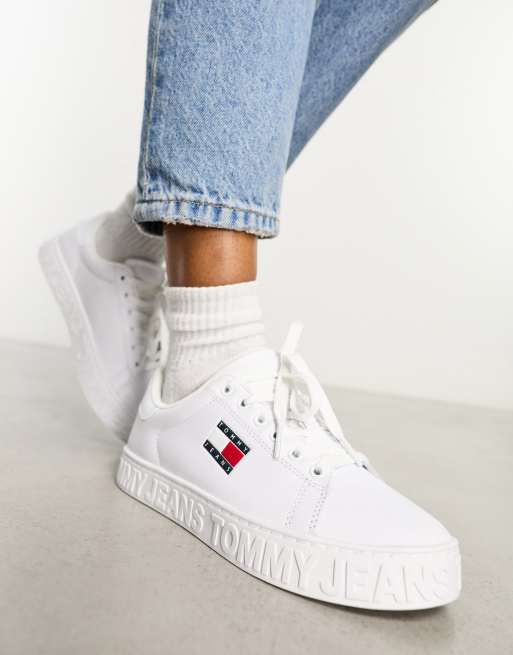 Tommy jeans classic logo leather lace up on sale trainers