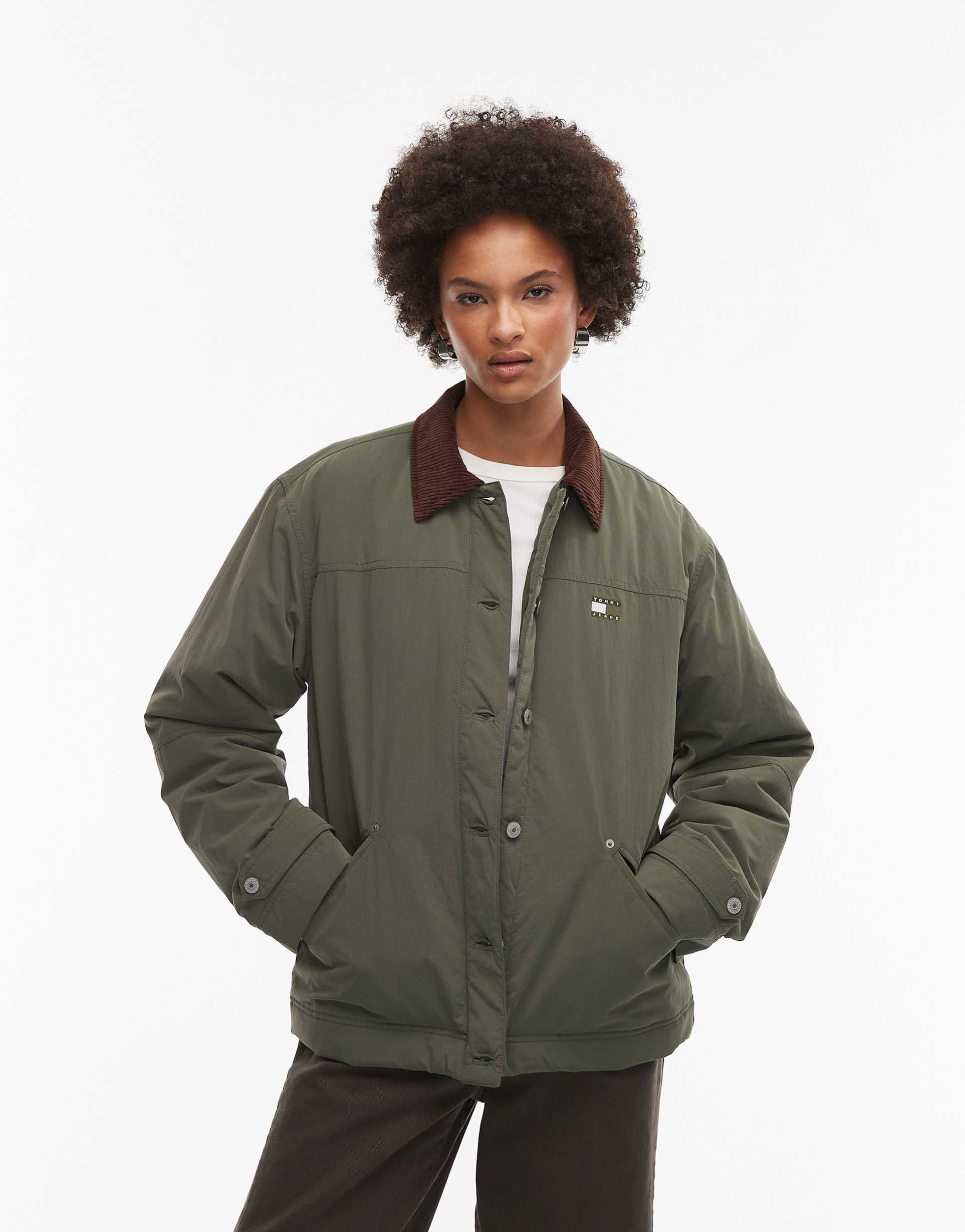 tommy jeans cord collar chore jacket in khaki green