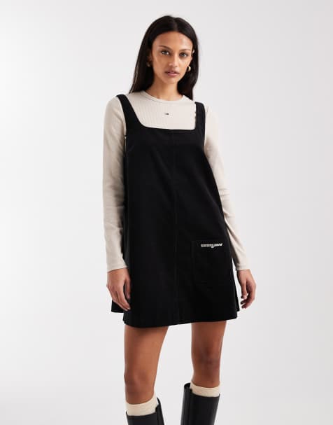 Tommy Jeans cord pinafore mini dress in black
