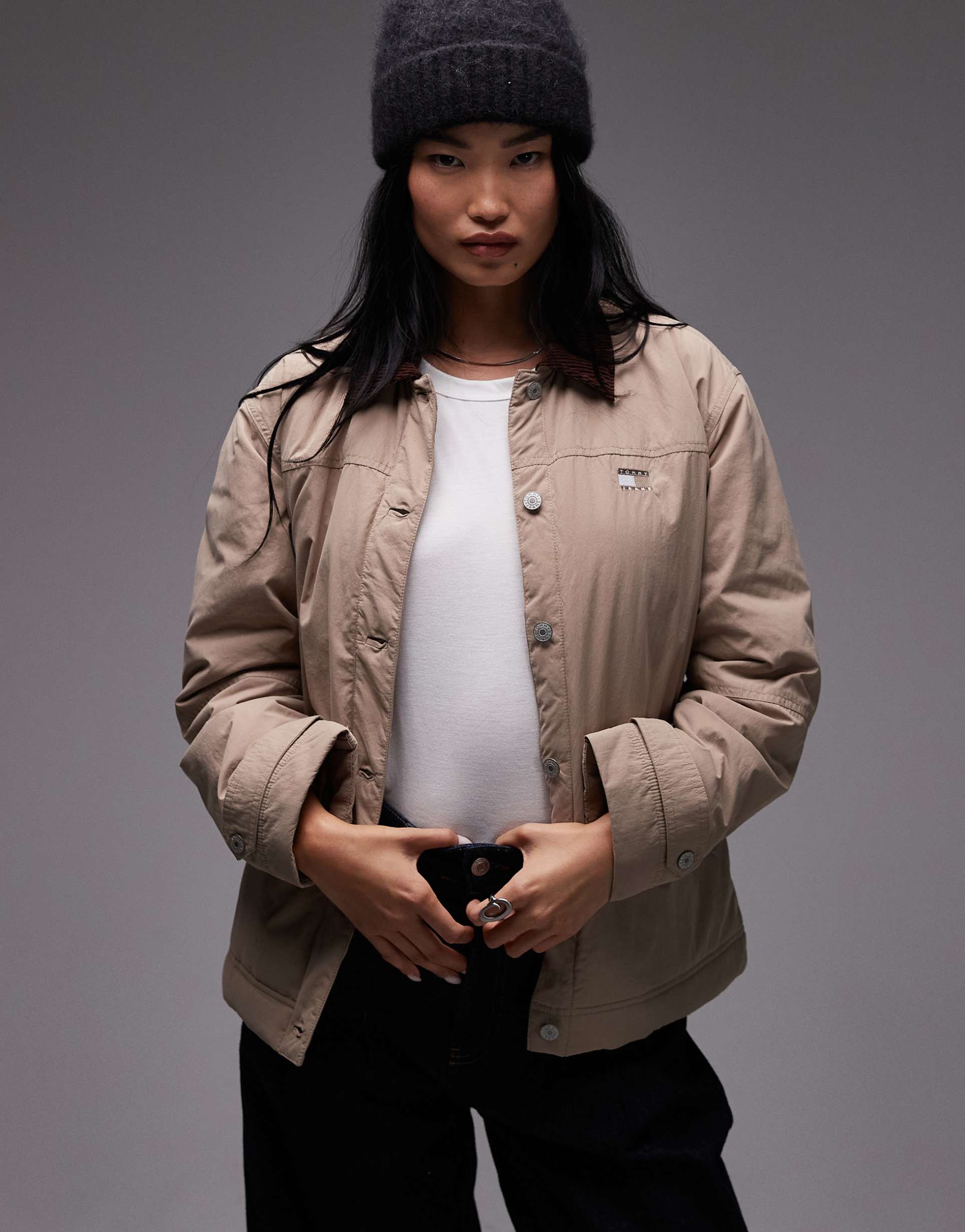 tommy jeans corduroy collar chore jacket in beige