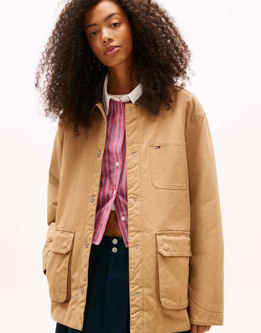 Tommy Jeans Corduroy collar twill utility jacket in brown