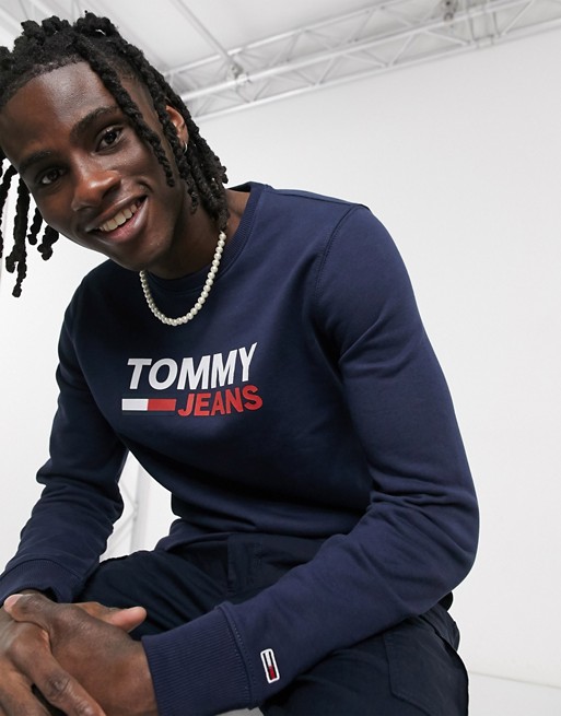 Tommy Jeans corp chest logo crew neck sweatshirt slim fit in navy
