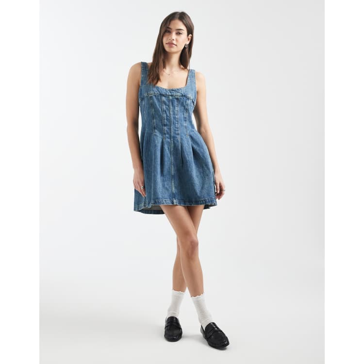 Tommy Jeans corset denim mini dress with seam details in mid wash