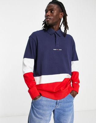 Tommy Jeans cotton archive colour block rugby polo in navy - NAVY