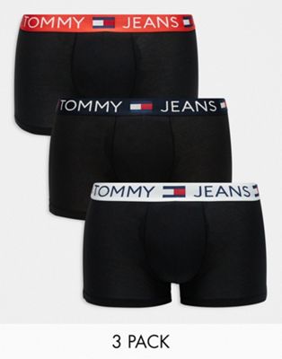 Tommy Jeans cotton essentials 3 pack trunks in black with coloured waistband