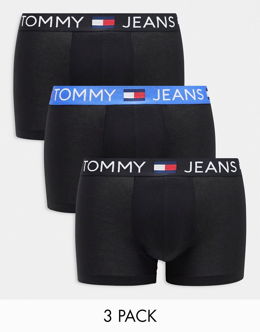 Tommy Jeans cotton essentials 3 pack trunks in black with coloured waistband