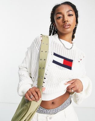 Tommy Jeans cotton flag logo jumper in white - IVORY