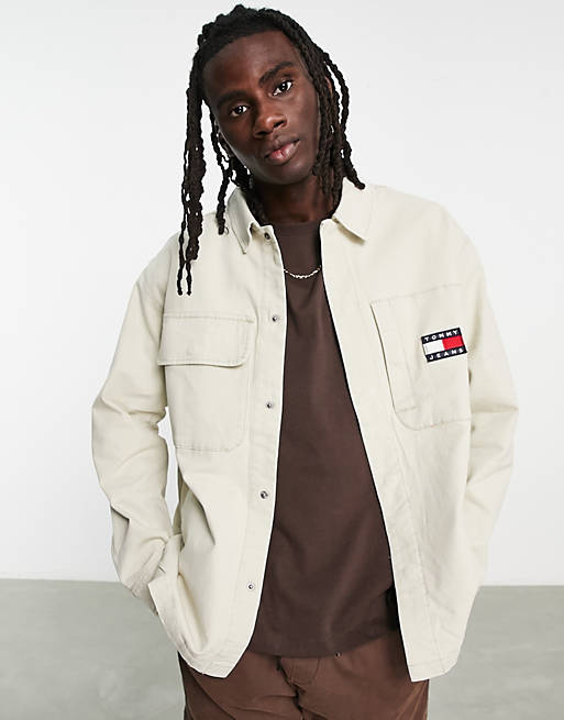 appear Waterfront gasoline Tommy Jeans cotton flag logo workwear overshirt in beige - BEIGE | ASOS