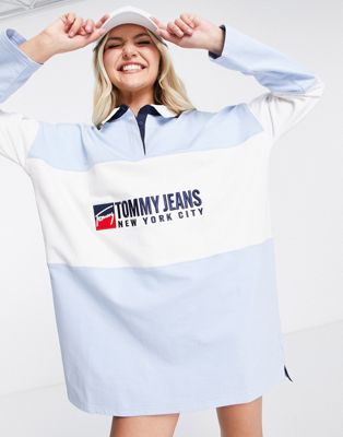 Tommy Jeans cotton logo rugby dress in light blue - LBLUE