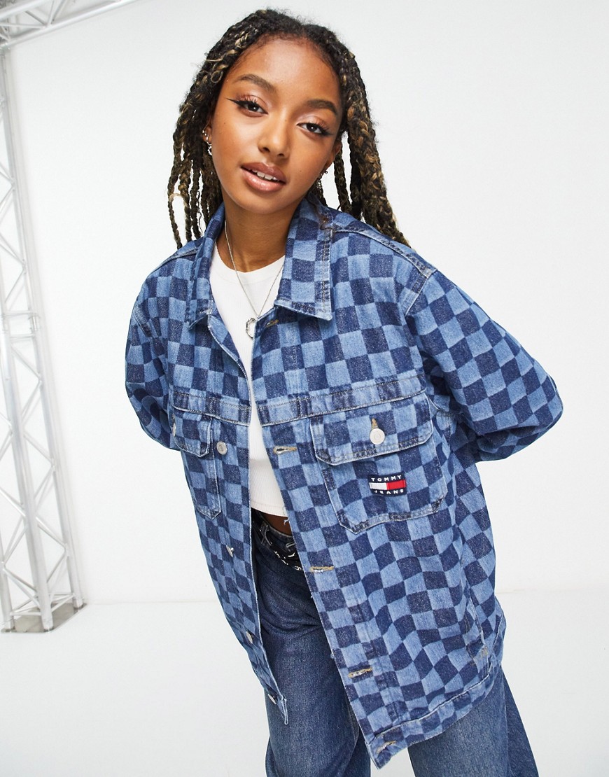 Tommy Jeans Cotton Oversized Utility Jacket In Checkerboard Print-Blue