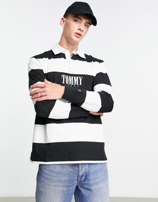 Tommy Jeans cotton relaxed fit authentic logo stripe rugby polo  in white