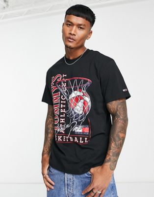 Tommy Jeans cotton relaxed fit basketball vintage print t-shirt in black