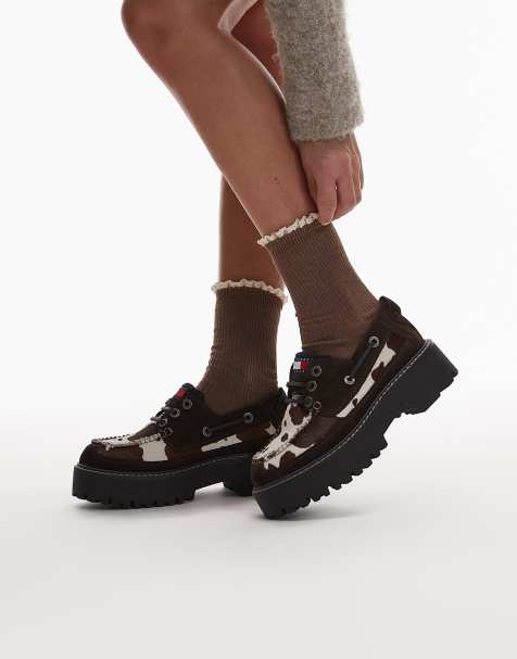 Tommy Jeans cow print boat shoes in brown - view 1