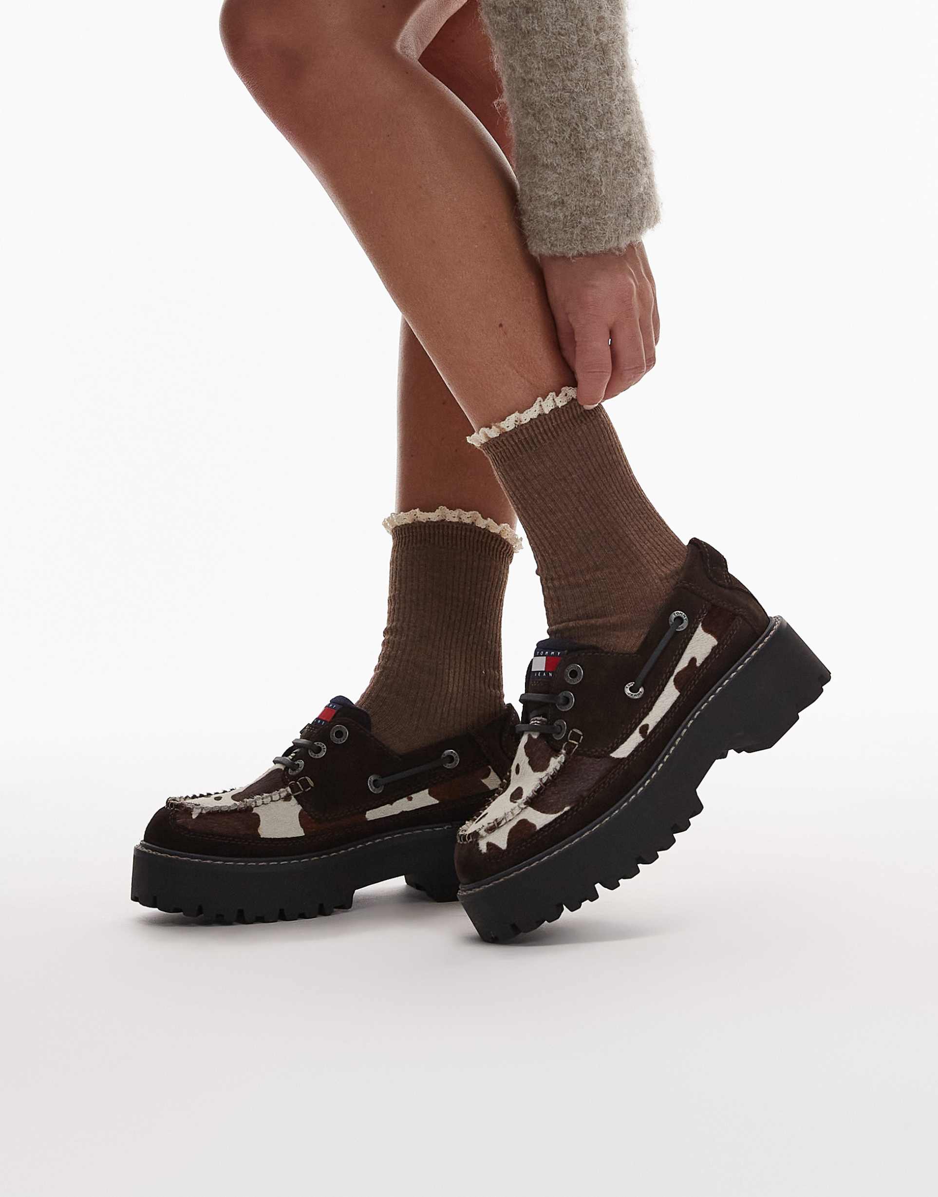 tommy jeans cow print boat shoes in brown
