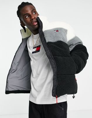 Tommy Jeans Cozy capsule borg colourblock puffer jacket relaxed fit in cream/grey/black