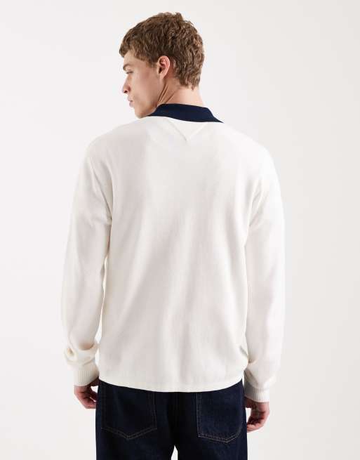 Tommy Jeans - Cremefarvet rugbytrøje i let strik med Waving Flag-mærke, 3 af 5