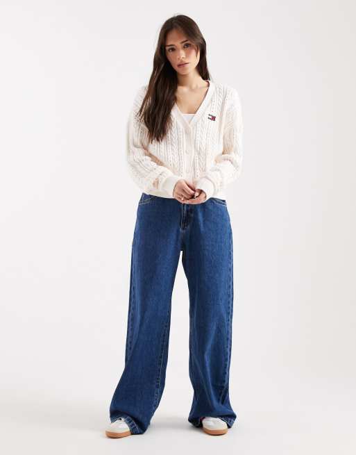 Tommy Jeans - Cremehvid cardigan i kabelstrik med firkantet pasform, 4 af 4