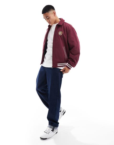 Tommy Jeans crest cord letterman jacket in burgundy - view 1