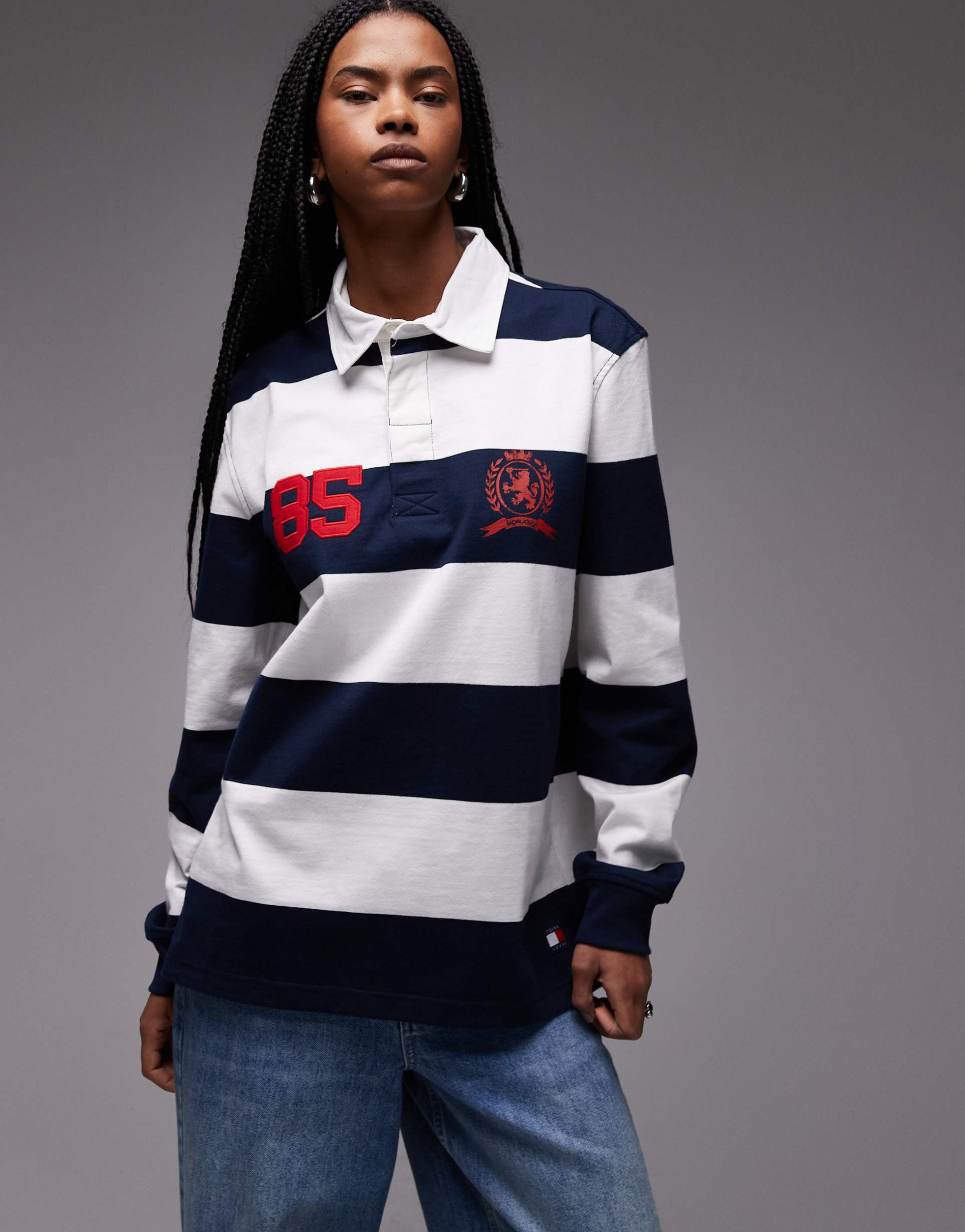 tommy jeans crest rugby top in navy and white stripes