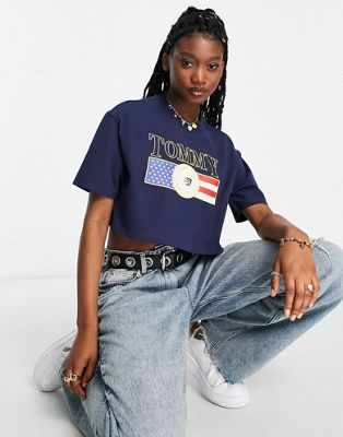 Tommy Jeans crop American flag t-shirt in navy - ASOS Price Checker