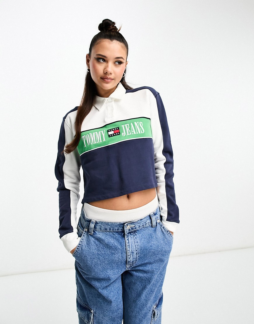 Tommy Jeans crop archive logo rugby top in navy