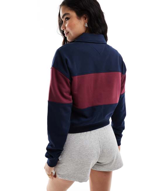 Tommy Jeans crop boxy rugby sweatshirt in navy and burgundy stripe, 3 of 4