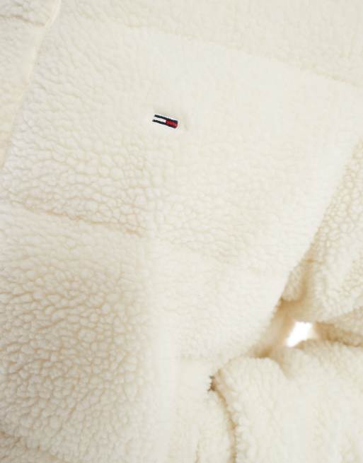 Tommy Jeans crop essential teddy puffer jacket in off white