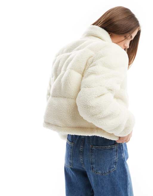 Tommy Jeans crop essential teddy puffer jacket in off white