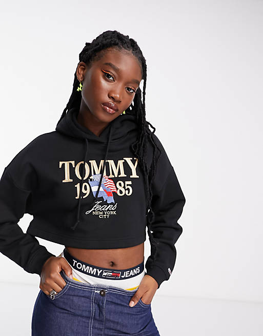 Tommy Jeans crop hoodie in black | ASOS