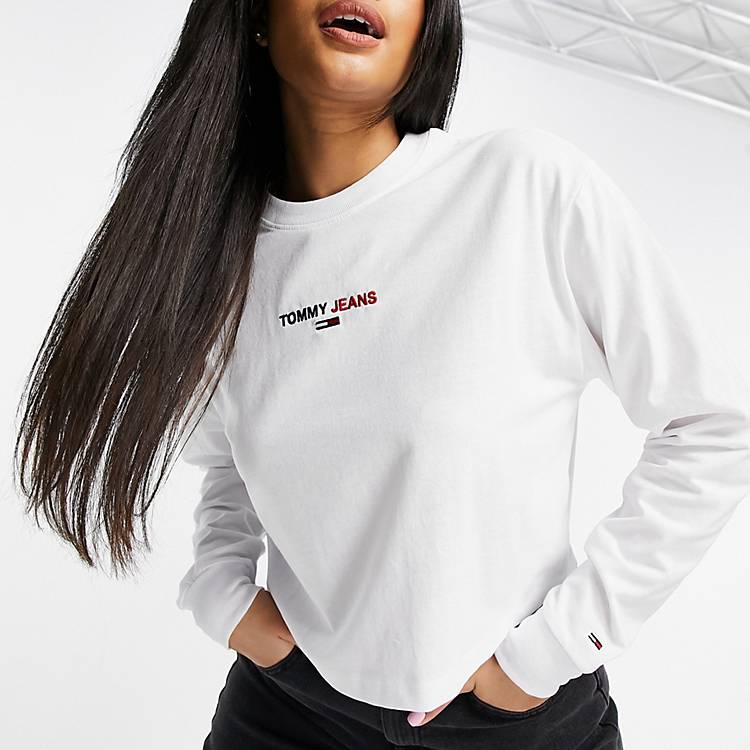 Tommy Jeans crop logo long sleeve tee in white | ASOS