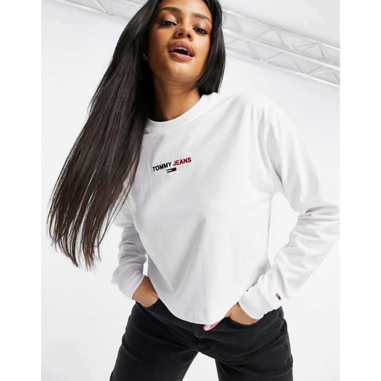 Tommy Jeans crop logo long sleeve tee in white | ASOS