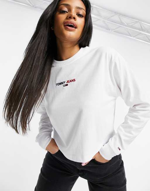 Tommy Jeans crop logo long sleeve tee in white