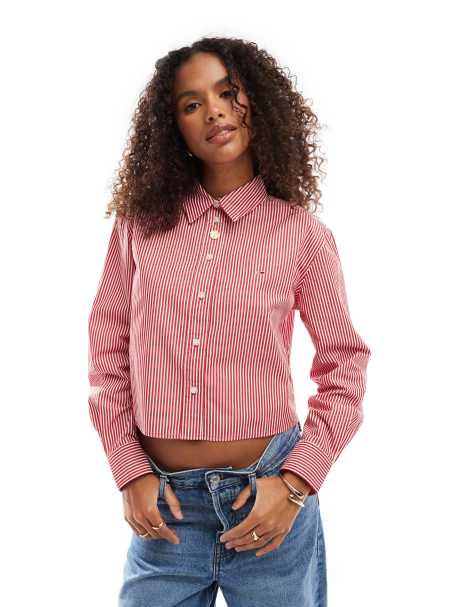 Tommy Jeans crop poplin stripe shirt in red and white - view 1