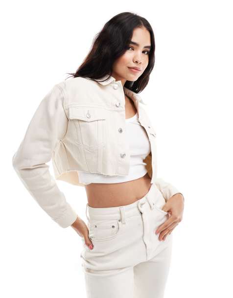 Tommy Jeans crop raw hem denim trucker jacket in off white - view 1