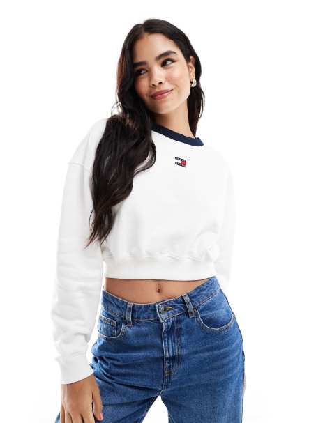 Tommy Jeans crop ringer sweatshirt in white - view 1