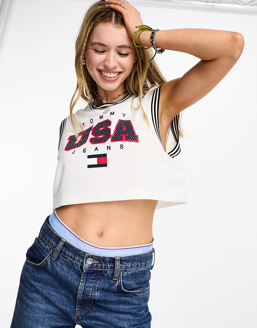 Tommy Jeans crop USA basketball tank in white