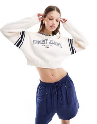 Tommy Jeans crop varsity v neck jumper in white