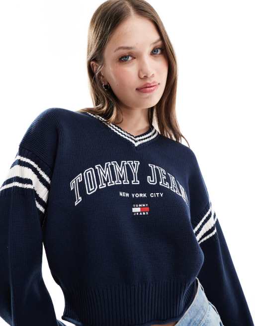 Tommy Jeans crop varsity v neck sweater in navy ASOS