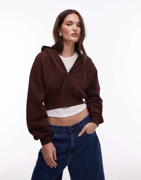 Tommy Jeans crop zip through hoodie in chocolate brown - view 1