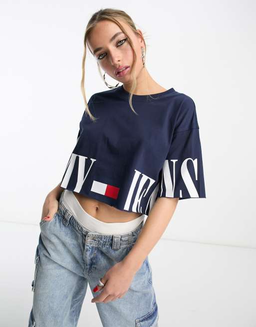 Tommy Jeans cropped archive logo t-shirt in navy | ASOS