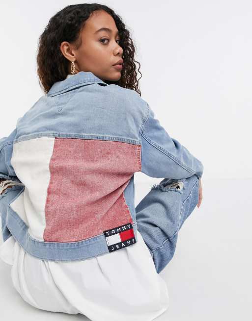 Tommy Jeans cropped denim jacket with iconic tommy colors in light